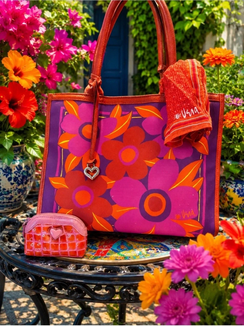 Brighton and Vera Collab Floral Canvas Tote Bag with scarf and coin pouch set